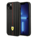 Ferrari Leather Case with Embossed Stripes & Yellow Shield Logo iPhone 14 Plus Compatibility - Black