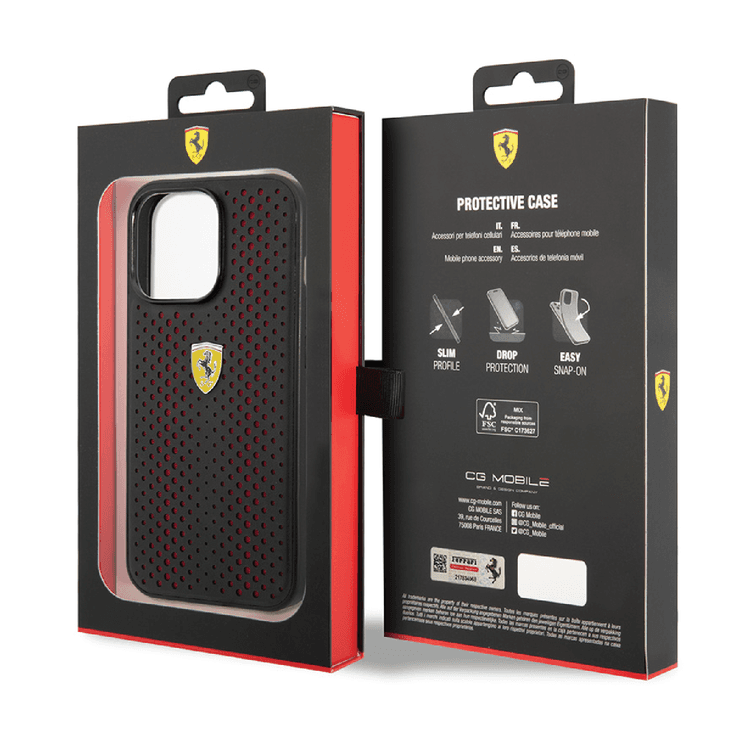 Ferrari PU Leather Perforated Case with Nylon Base & Yellow Shield Logo iPhone 14 Compatibility - Red
