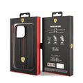 Ferrari Leather Case with Embossed Stripes & Yellow Shield Logo iPhone 14 Pro Max Compatibility - Black