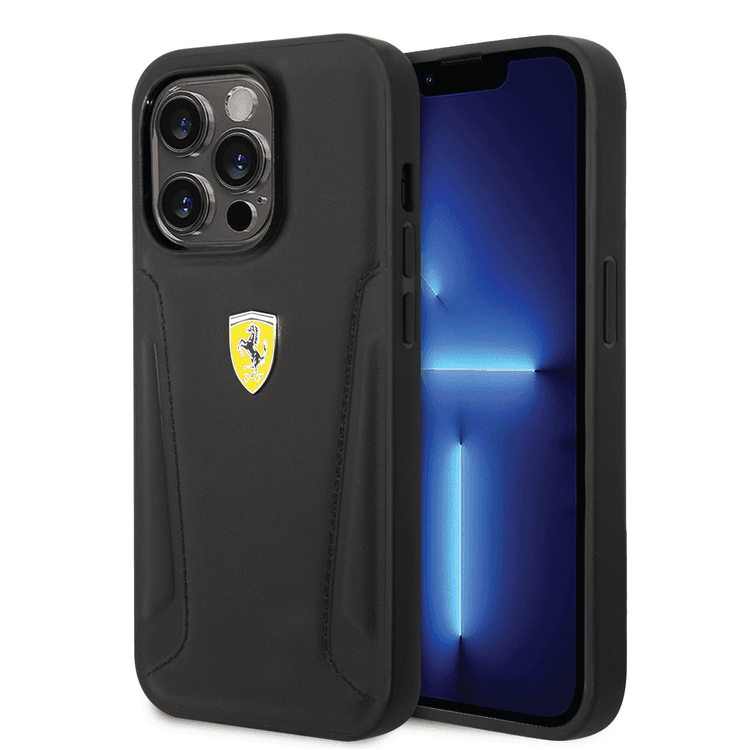 Ferrari Leather Case with Hot Stamped Sides & Yellow Shield Logo iPhone 14 Pro Max Compatibility - Black