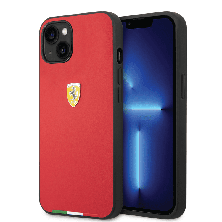 Ferrari HC PU Case with Italian Flag Line iPhone 14 Compatibility - Red