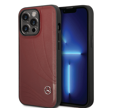 CG MOBILE Mercedes-Benz Genuine Leather Case With New WaveIII Pattern, Compatible w/ 14 Pro Max (6.7") Scratch & Drop Protection, Wireless Charger Compatibility - Red