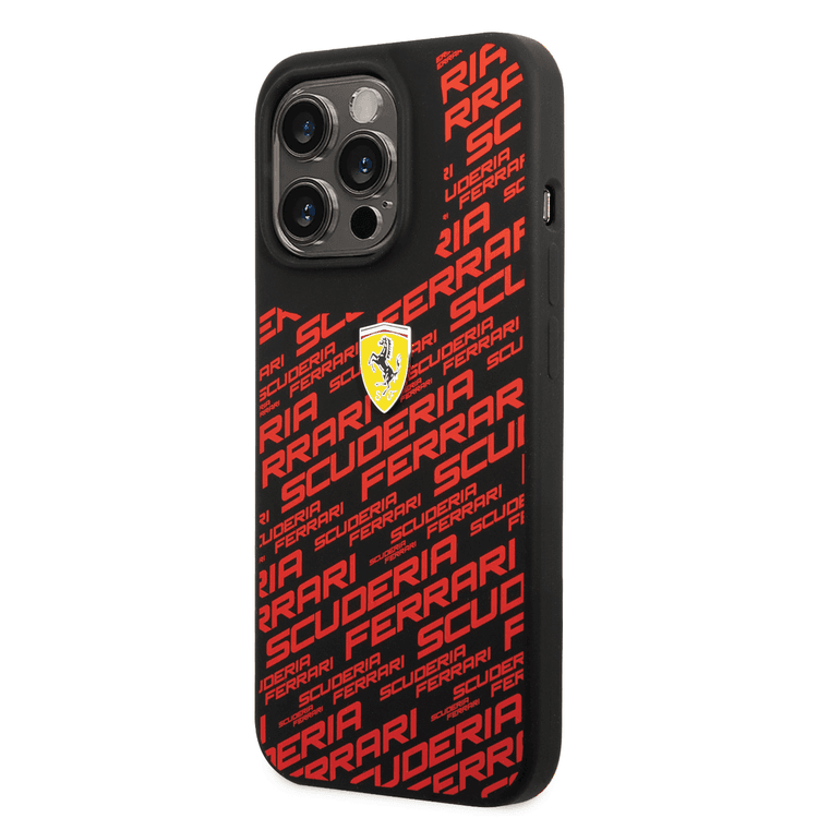 Ferrari Liquid Silicone Case All Over Printed Scuderia iPhone 14 Pro Max Compatibility - Black