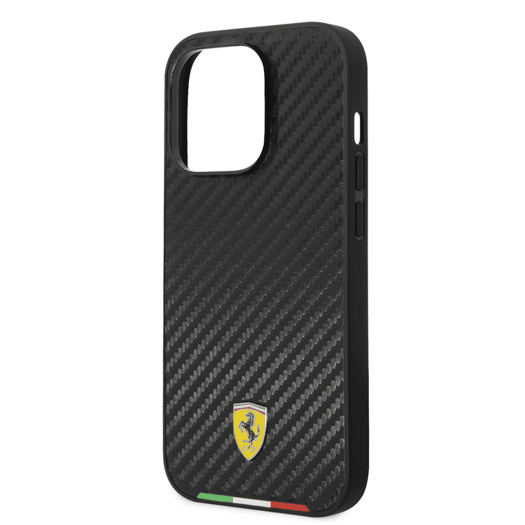 CG Ferrari Magsafe Compatibility Hard PU Smooth Case with Italian Flag Line & Metal Logo iPhone 14 Pro Max Compatibility - Black