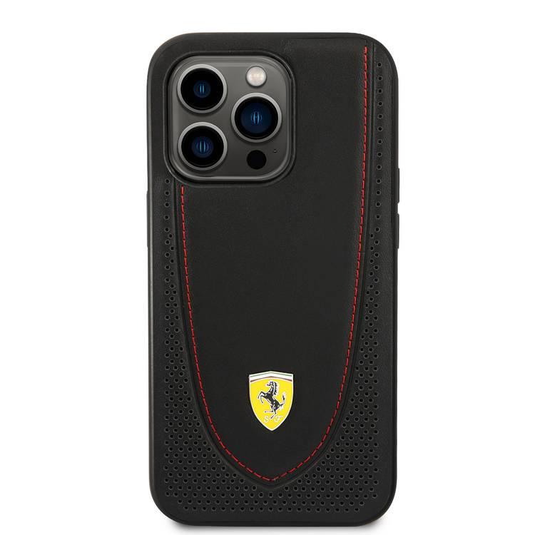 CG Ferrari Magsafe Compatibility Genuine Leather Hard Case with Curved Line Stitched iPhone 14 Pro Compatibility - Black