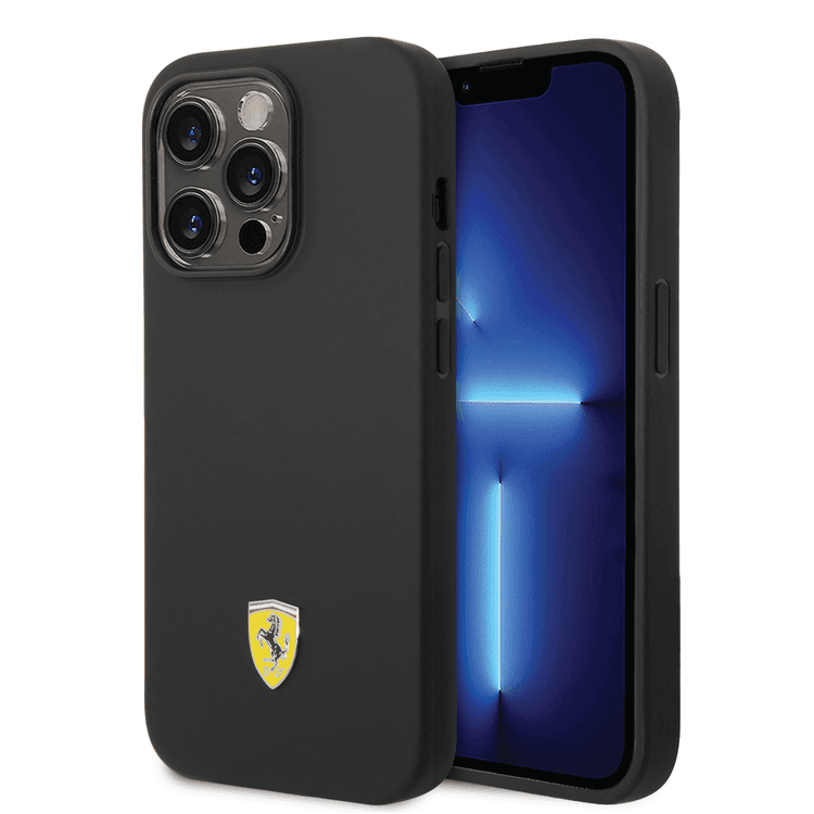 Ferrari Liquid Silicone Case with Black Camera Outline & Metal Logo iPhone 14 Pro Compatibility - Black