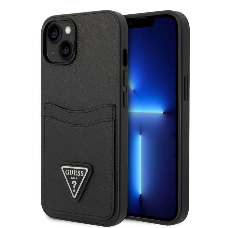 Guess PU Saffiano Case with Double Cardslot & Metal Triangle Logo iPhone 14 Compatibility - Black