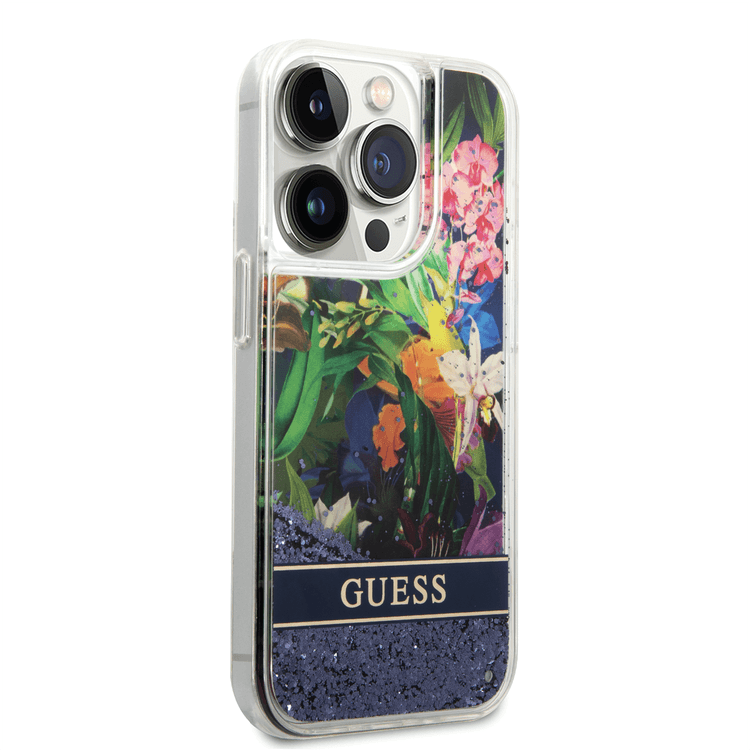 Guess Liquid Glitter Case with Flower Pattern Extra Shine Smooth Touch Feel iPhone 14 Pro Max Compatibility - Blue