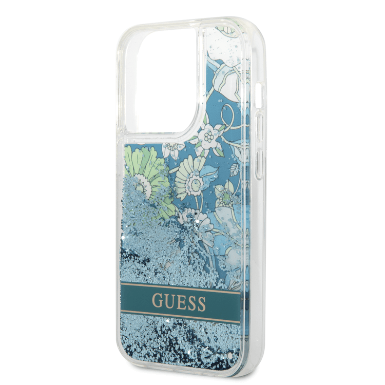 Guess Liquid Glitter Case with Flower Pattern Extra Shine Smooth Touch Feel iPhone 14 Pro Max Compatibility - Green