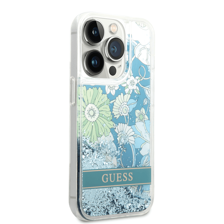 Guess Liquid Glitter Case with Flower Pattern Extra Shine Smooth Touch Feel iPhone 14 Pro Max Compatibility - Green
