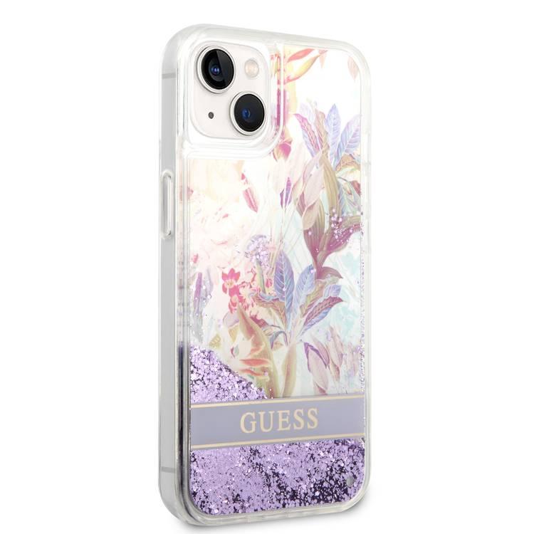 Guess Liquid Glitter Case with Flower Pattern Extra Shine Smooth Touch Feel iPhone 14 Compatibility - Purple