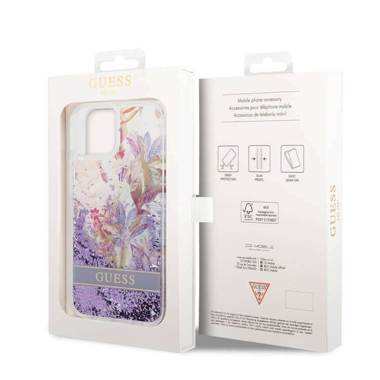 Guess Liquid Glitter Case with Flower Pattern Extra Shine Smooth Touch Feel iPhone 14 Compatibility - Purple