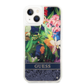Guess Liquid Glitter Case with Flower Pattern Extra Shine Smooth Touch Feel iPhone 14 Plus Compatibility - Blue