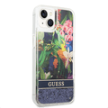Guess Liquid Glitter Case with Flower Pattern Extra Shine Smooth Touch Feel iPhone 14 Plus Compatibility - Blue