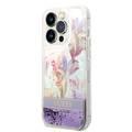 Guess Liquid Glitter Case with Flower Pattern Extra Shine Smooth Touch Feel iPhone 14 Pro Compatibility - Purple