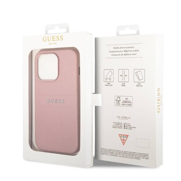 Guess PU Leather Saffiano Case with Metal Logo & Hot Stamp Stripes iPhone 14 Pro Max Compatibility - Pink