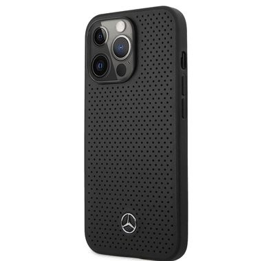 Mercedes-Benz Genuine Leather Hard Case with Perforated Metal Star Logo iPhone 14 Pro Max Compatibility - Black