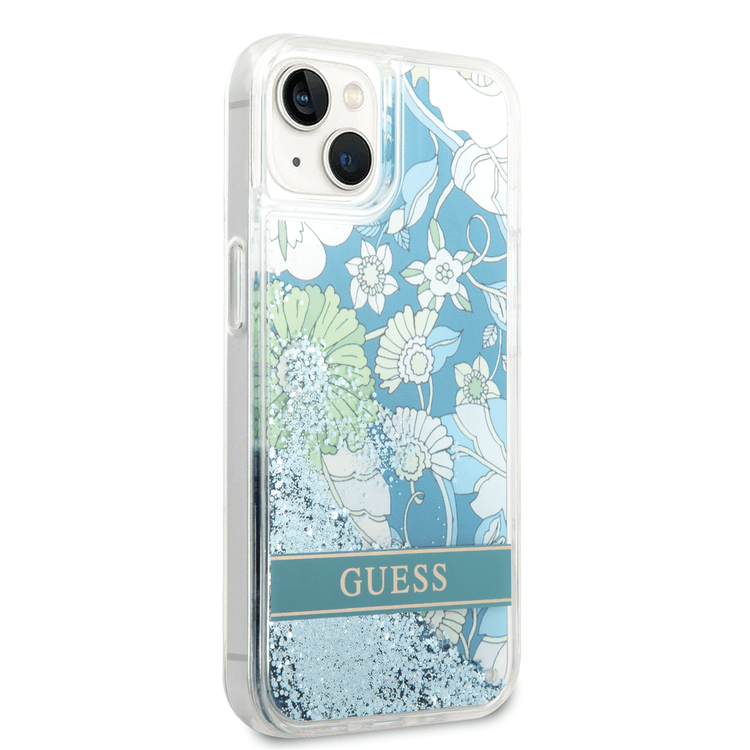 Guess Liquid Glitter Case with Flower Pattern Extra Shine Smooth Touch Feel iPhone 14 Compatibility - Green