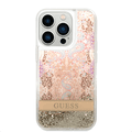 Guess Liquid Glitter Case with Flower Pattern Extra Shine Smooth Touch Feel iPhone 14 Pro Max Compatibility - Gold