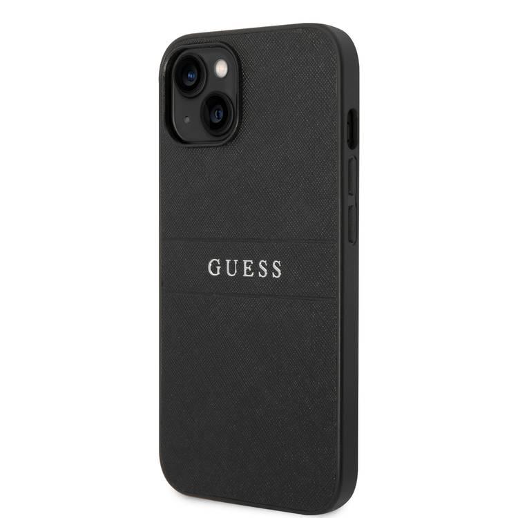 Guess PU Leather Saffiano Case with Metal Logo & Hot Stamp Stripes iPhone 14 Compatibility - Black