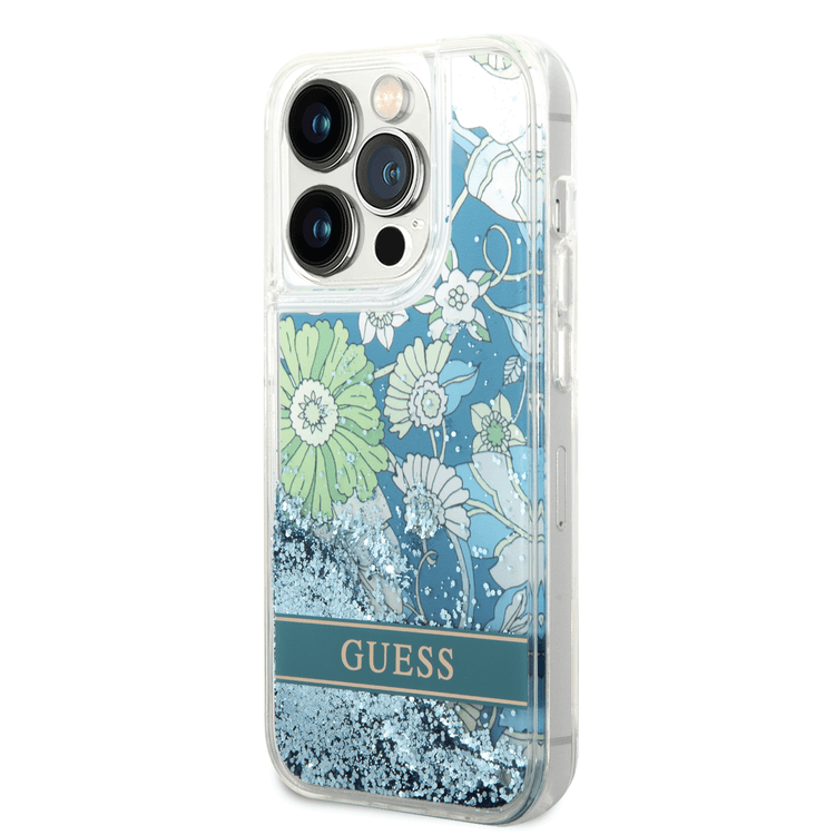 Guess Liquid Glitter Case with Flower Pattern Extra Shine Smooth Touch Feel iPhone 14 Pro Compatibility - Green