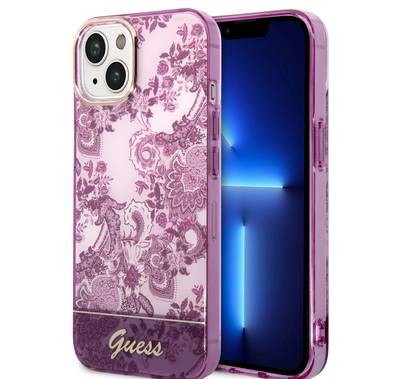 Guess PC/TPU IML Case with Double Layer Electroplated Camera Outline & Toile De Jouy iPhone 14 Compatibility - Fuchsia