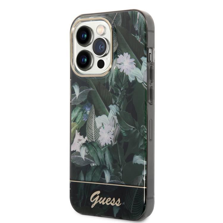 Guess PC/TPU IML Case with Double Layer Electroplated Camera Outline & Jungle Design iPhone 14 Pro Compatibility - Green