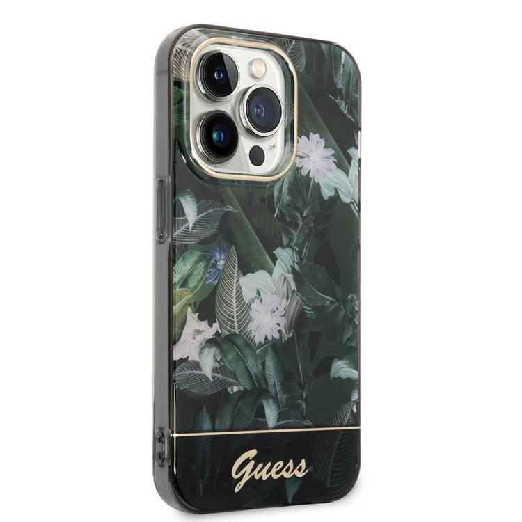 Guess PC/TPU IML Case with Double Layer Electroplated Camera Outline & Jungle Design iPhone 14 Pro Compatibility - Green