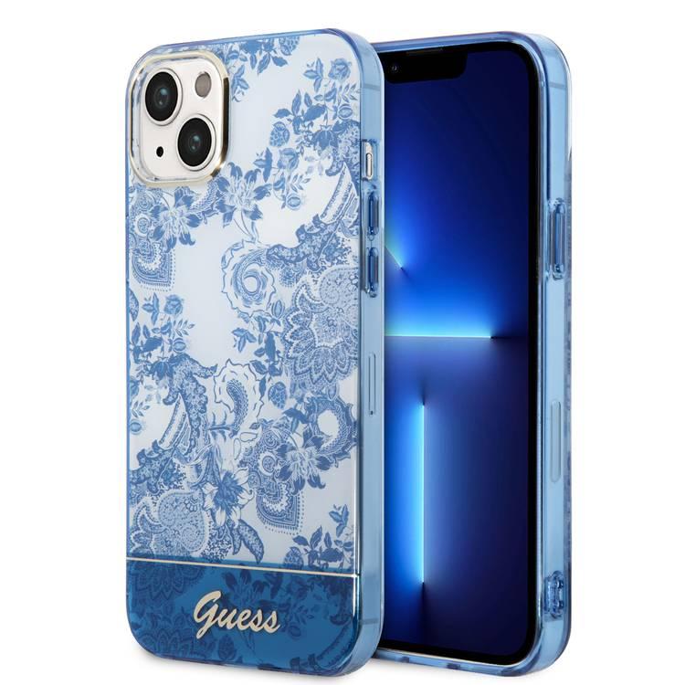 Guess PC/TPU IML Case with Double Layer Electroplated Camera Outline & Toile De Jouy iPhone 14 Plus Compatibility - Blue