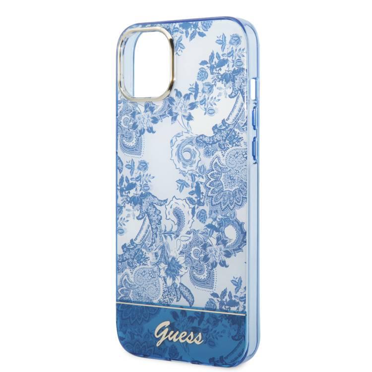 Guess PC/TPU IML Case with Double Layer Electroplated Camera Outline & Toile De Jouy iPhone 14 Plus Compatibility - Blue
