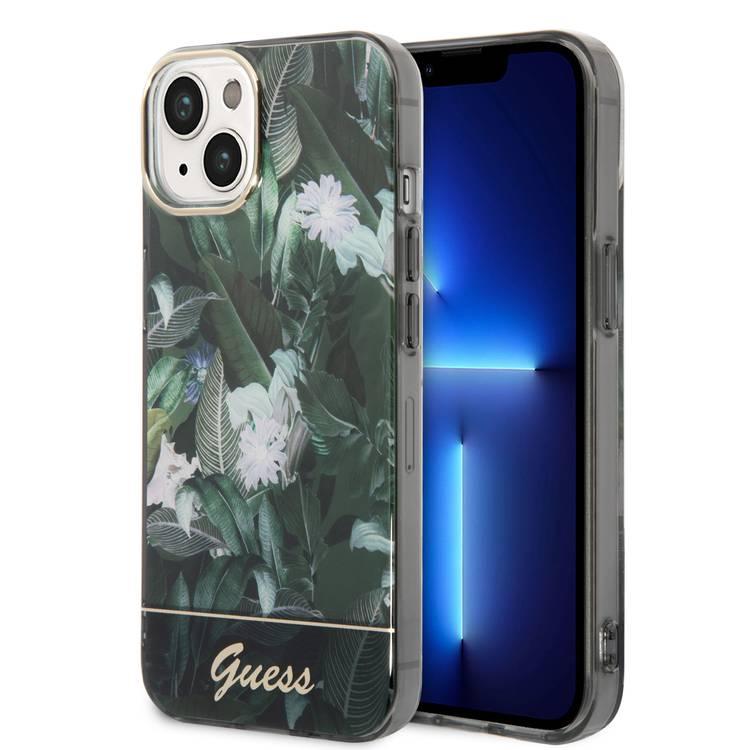 Guess PC/TPU IML Case with Double Layer Electroplated Camera Outline & Jungle Design iPhone 14 Compatibility - Green
