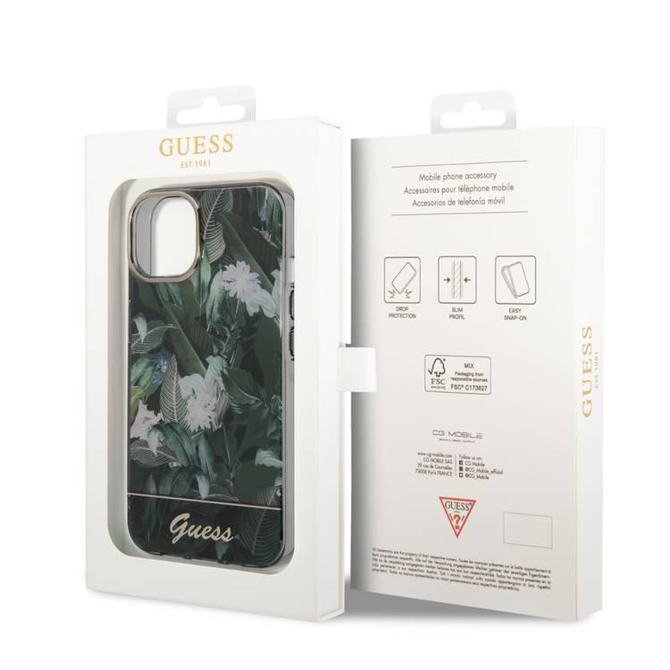 Guess PC/TPU IML Case with Double Layer Electroplated Camera Outline & Jungle Design iPhone 14 Compatibility - Green