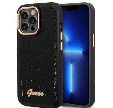 Guess PU Croco Case with Metal Camera Outline, Latest Design iPhone 14 Pro Compatibility - Black