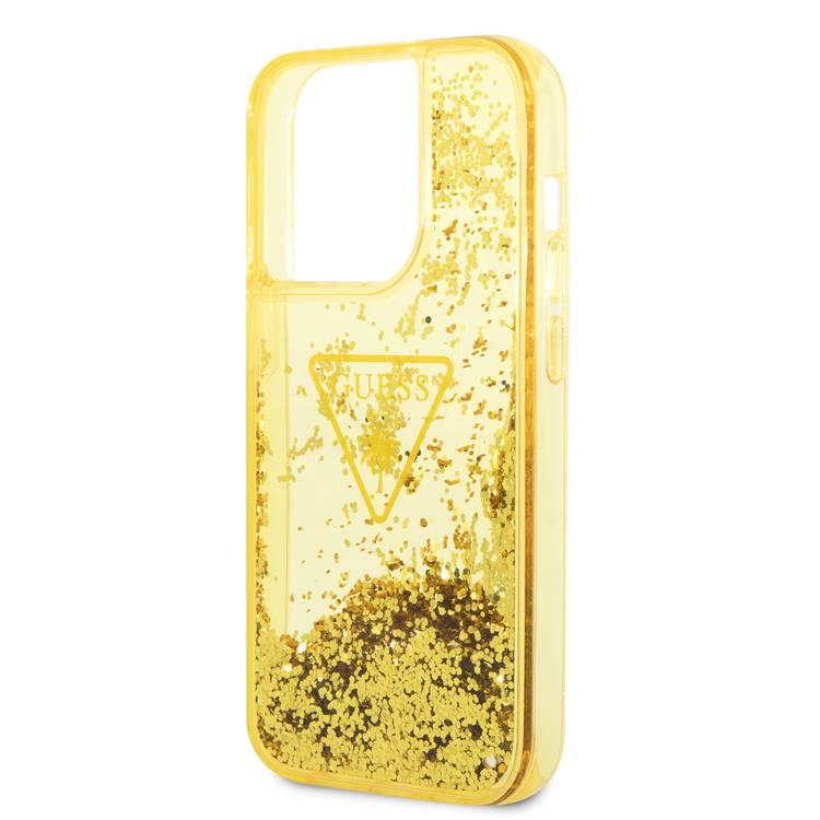 Guess Liquid Glitter Case with Translucent Triangle Logo, Extra Shine iPhone 14 Pro Max Compatibility - Yellow