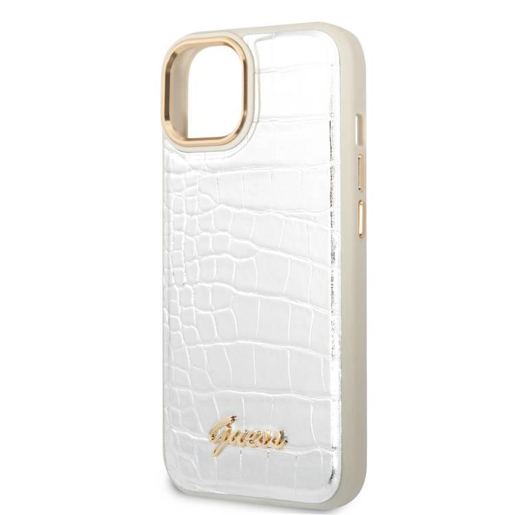 Guess PU Croco Case with Metal Camera Outline, Latest Design iPhone 14 Compatibility - Silver