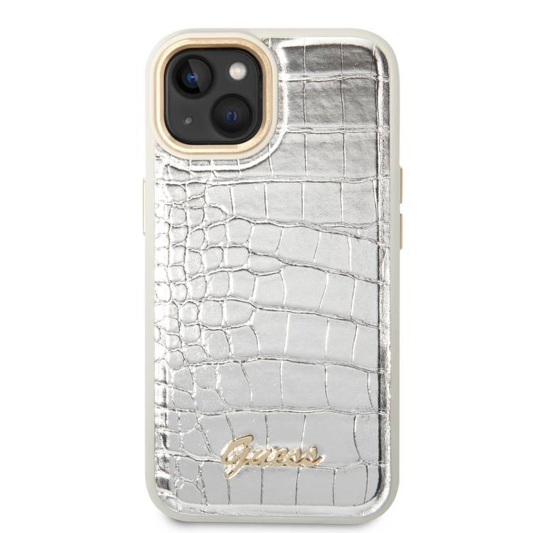 Guess PU Croco Case with Metal Camera Outline, Latest Design iPhone 14 Compatibility - Silver
