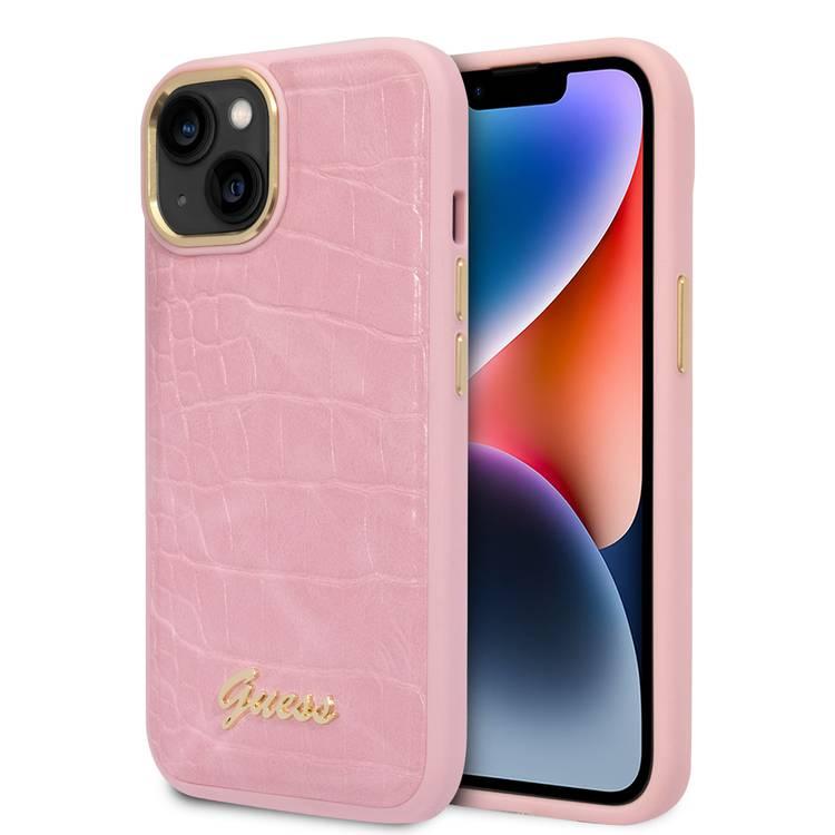 Guess PU Croco Case with Metal Camera Outline, Latest Design iPhone 14 Compatibility - Pink