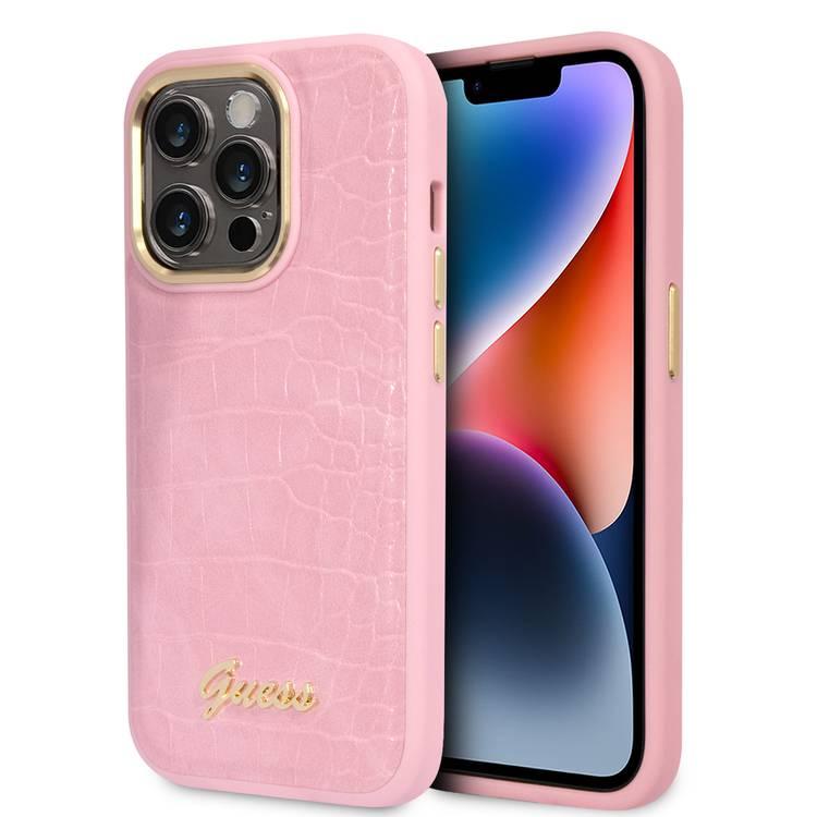 Guess PU Croco Case with Metal Camera Outline, Latest Design iPhone 14 Pro Compatibility - Pink