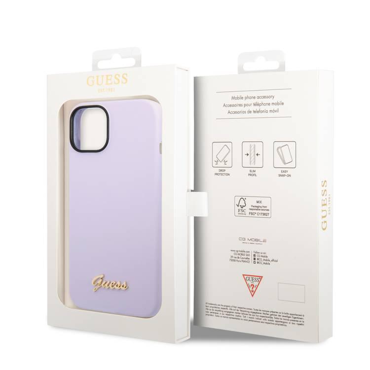 Guess Liquid Silicone Case with PC Camera Outline & Script Metal Logo New iPhone 14 Plus Compatibility - Purple