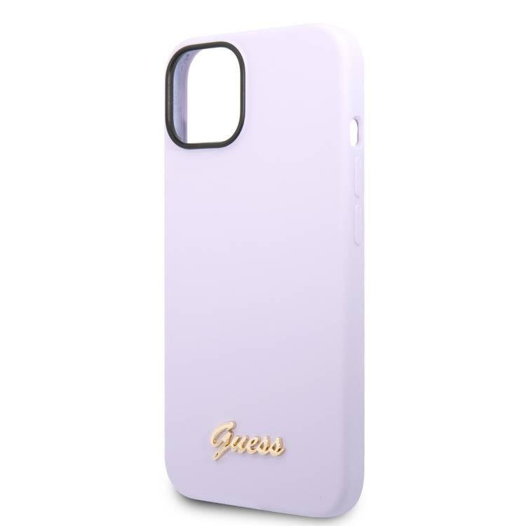 Guess Liquid Silicone Case with PC Camera Outline & Script Metal Logo New iPhone 14 Plus Compatibility - Purple