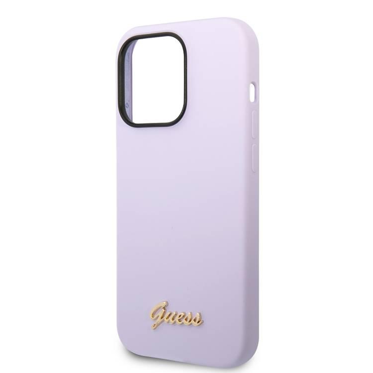 Guess Liquid Silicone Case with PC Camera Outline & Script Metal Logo New iPhone 14 Pro Compatibility - Purple
