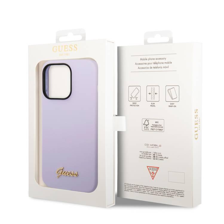 Guess Liquid Silicone Case with PC Camera Outline & Script Metal Logo New iPhone 14 Pro Compatibility - Purple
