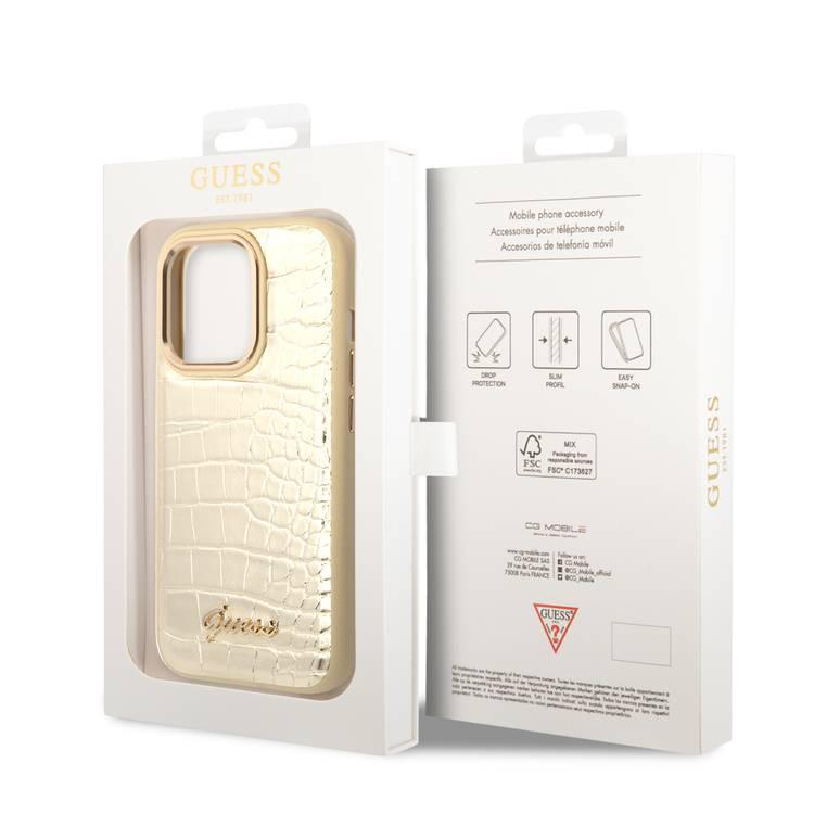 Guess PU Croco Case with Metal Camera Outline, Latest Design iPhone 14 Pro Compatibility - Gold