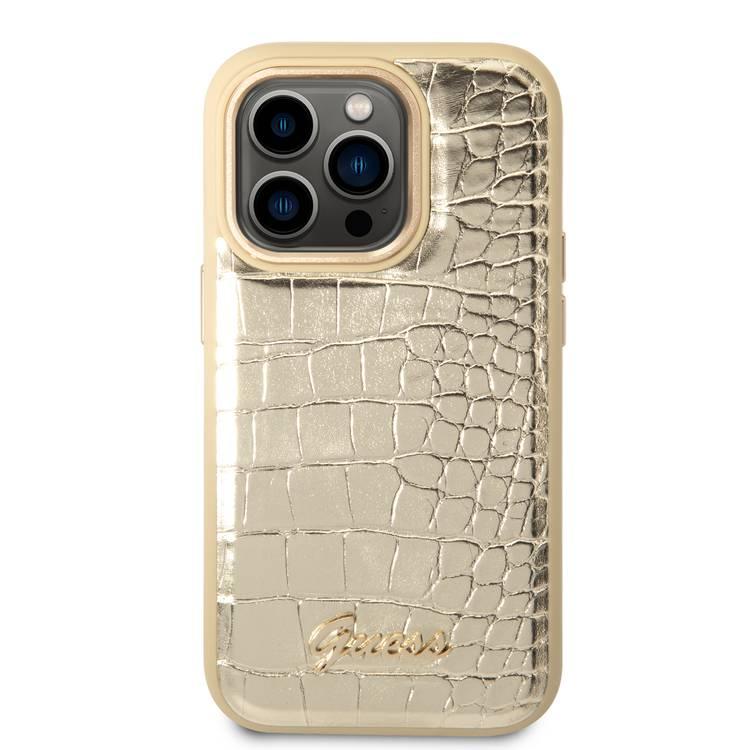Guess PU Croco Case with Metal Camera Outline, Latest Design iPhone 14 Pro Compatibility - Gold