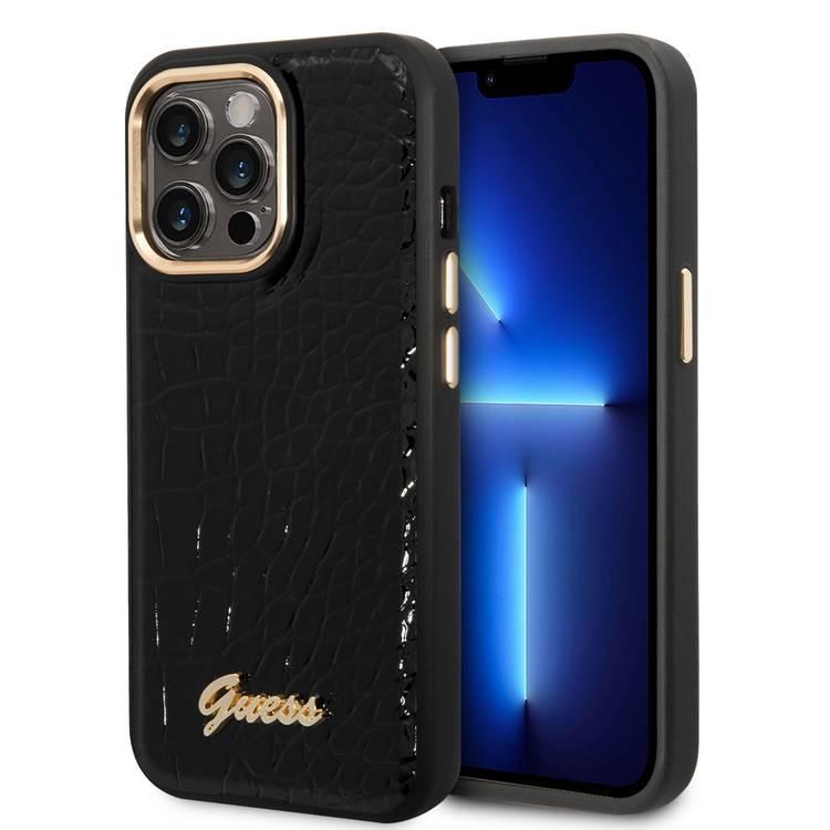 Guess PU Croco Case with Metal Camera Outline, Latest Design iPhone 14 Pro Max Compatibility - Black