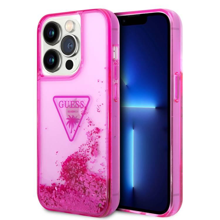 Guess Liquid Glitter Case with Translucent Triangle Logo, Extra Shine iPhone 14 Pro Compatibility - Pink
