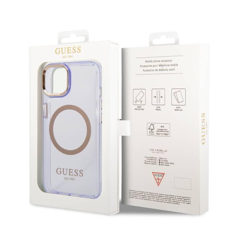 Guess Magsafe Compatibility Case with Translucent Gold Outline iPhone 14 Plus Compatibility - Purple