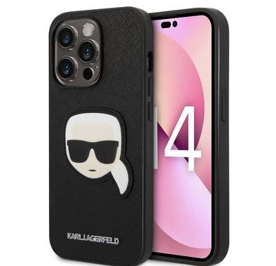Karl Lagerfeld PU Saffiano Case with Karl Head Patch Ultra-Thin iPhone 14 Pro Compatibility - Black