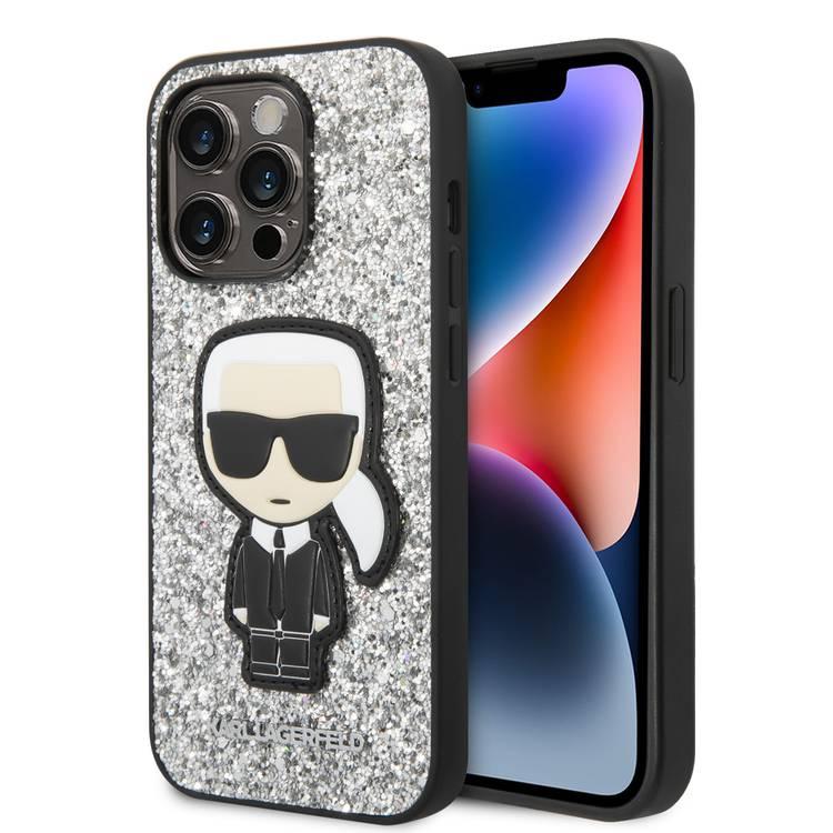 Karl Lagerfeld Glitter Flakes Case with Ikonik Patch Shockproof iPhone 14 Pro Compatibility - Silver