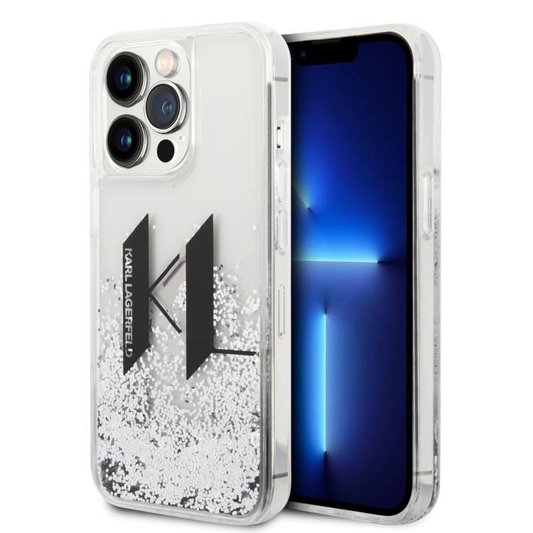 Karl Lagerfeld Liquid Glitter Silicone Case Big KL Logo Protector iPhone 14 Pro Max Compatibility - Silver